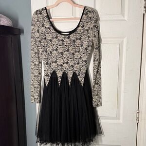 Altar'd State Black and Cream Lace Long-Sleeve Fit & Flare Dress